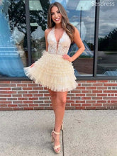 Sparkly Lace Appliques V-neck Halter A-line Short Mini Dress Homecoming Dress